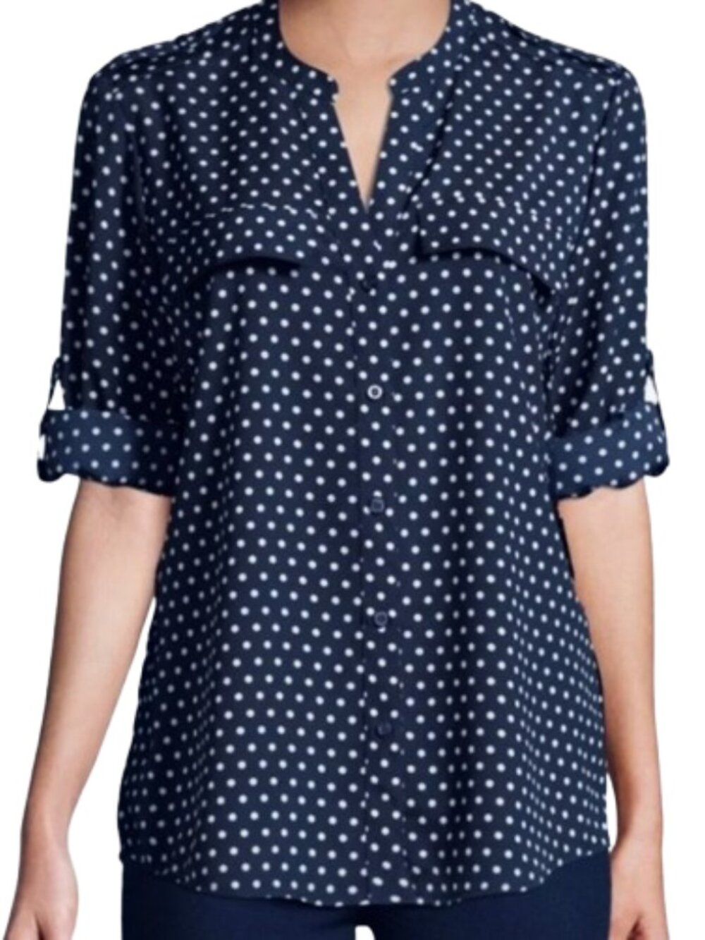 Calvin Klein Blouse Womens Shirt Large Top Navy Blue Polka Dot Button Front Roll